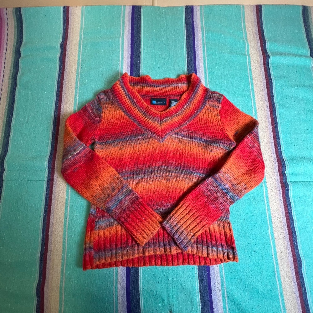 Relativity Sweater Womens S Red Orange Multi Space Dye V-Neck Chunky Knit Boho